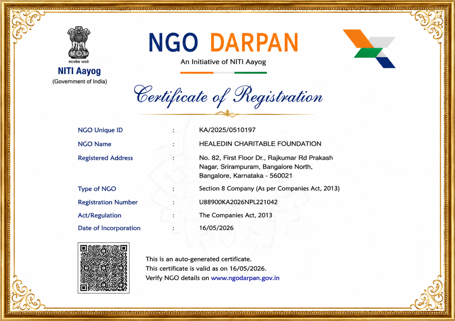 NGO DARPAN Registration Certificate